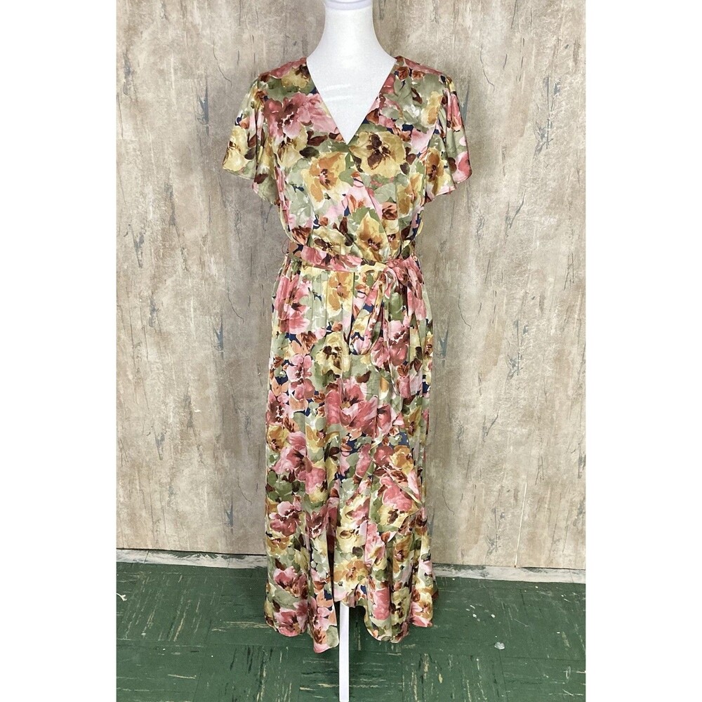 Nicole Miller Small Floral Print Satin Hi-Lo Faux Wrap Midi Dress Feminine EUC